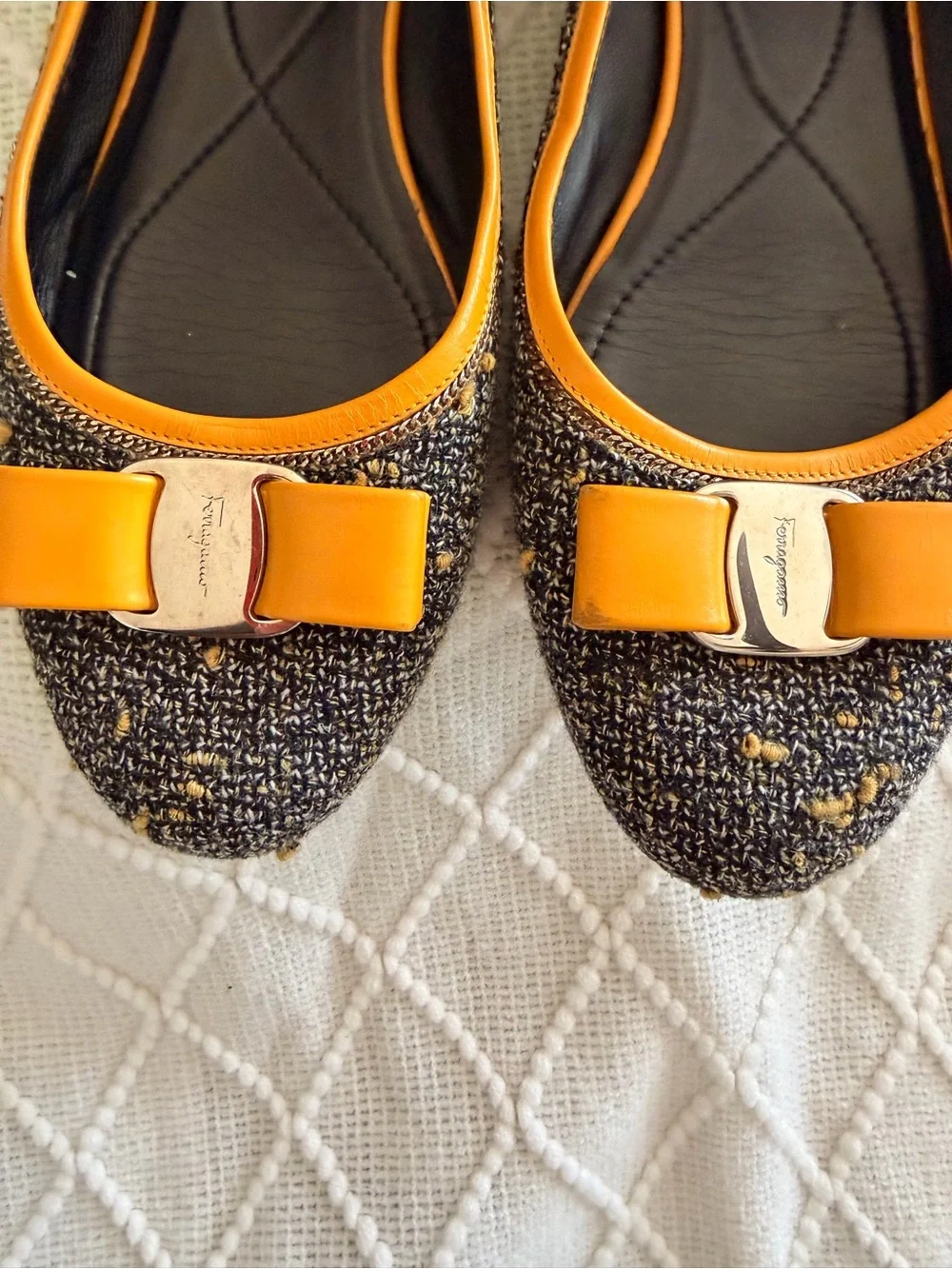 Salvatore Ferragamo Black and Mustard Tweed Vara Bow Flats